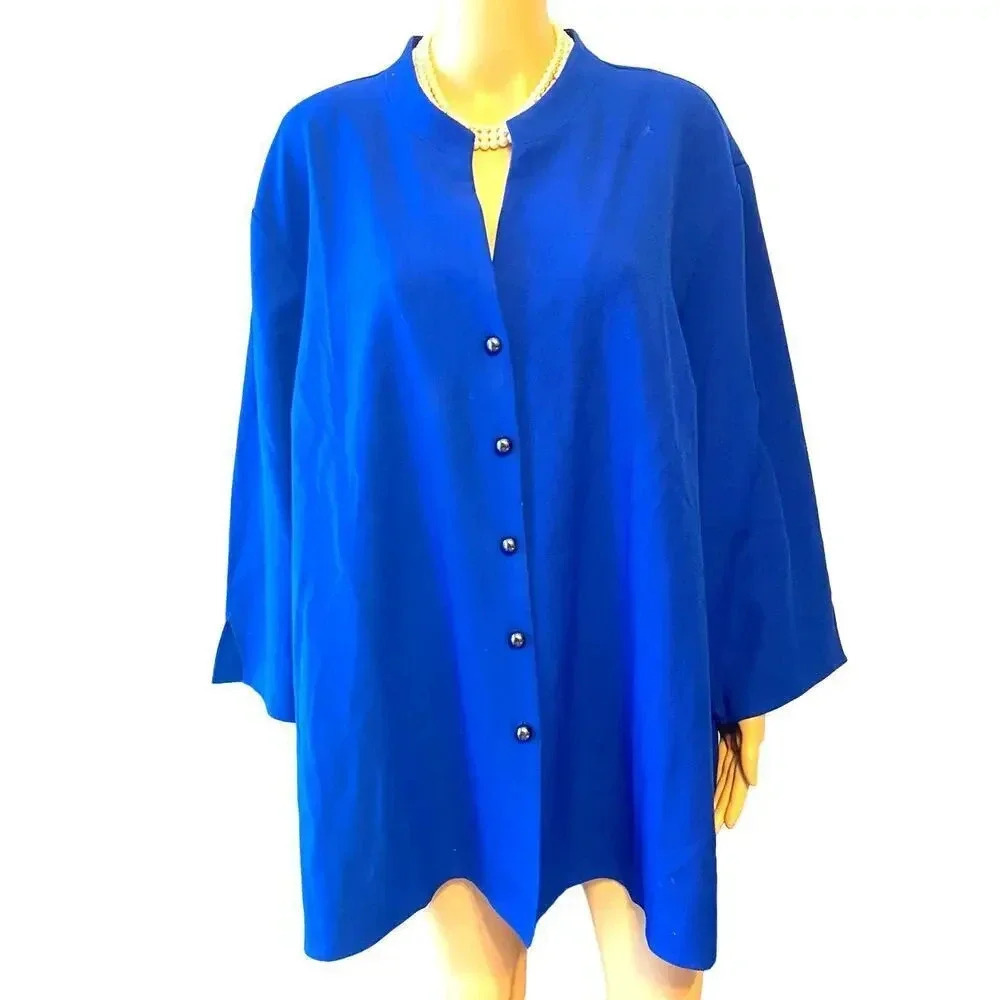 Susan Graver Style 1/4 Sleeves Button Up Blue Blouse Jacket Women Plus Size 3X